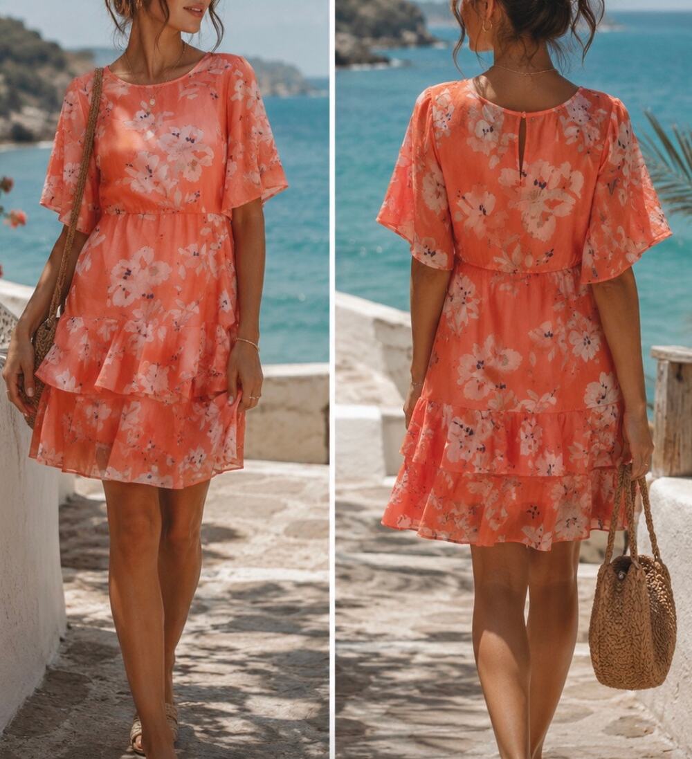 French Connection Alba Coral Floral Ruffle Dress Coastal Beach Vacation Boho S